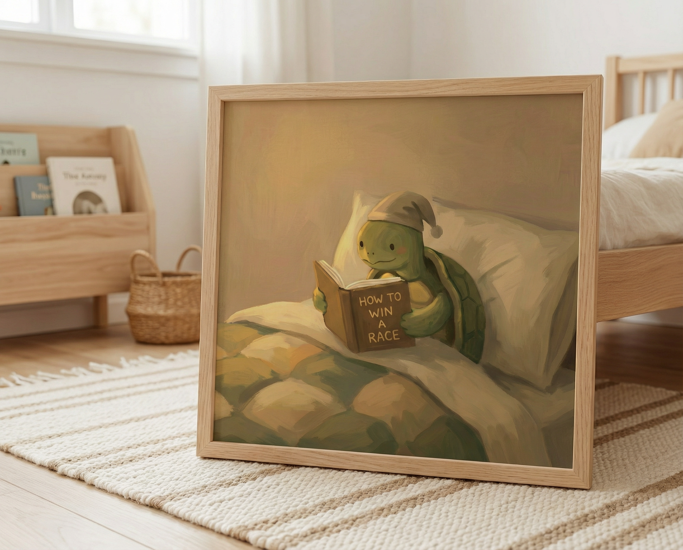 Turtle on Cozy Bed reading a Book - printable wall art